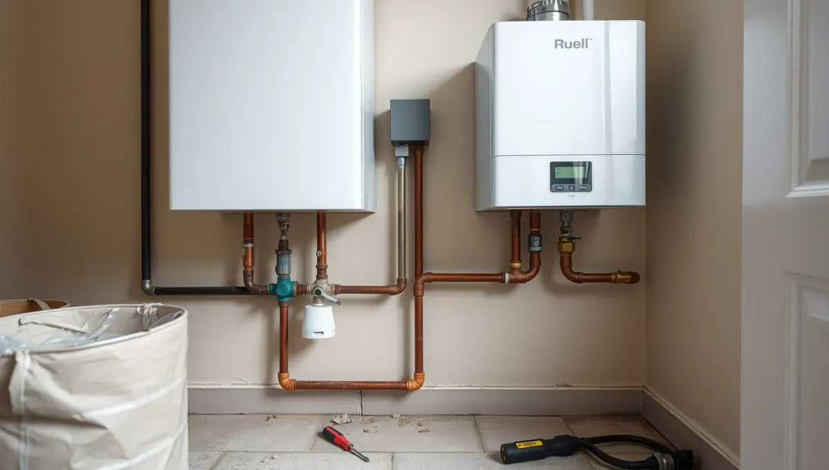 Az Öskü városában található HydroArt Kft. épületgépészeti szolgáltatása keretében gázkazán cserét végzett. A képen egy modern, fehér gázkazán látható, amely szakszerűen van telepítve, körülötte rézcsövekkel és egy vízszűrő berendezéssel. Az aljzaton szerszámok és egy tárolóedény is látható, amely a munkafolyamat része.