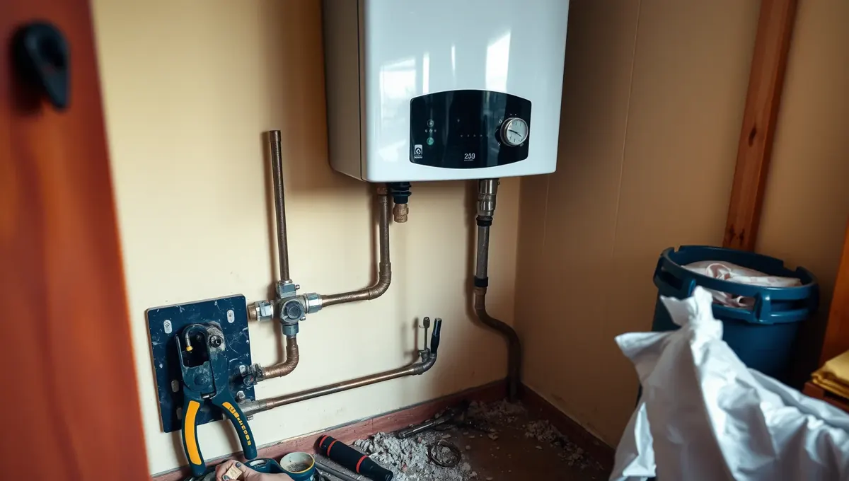 Gázkazán csere folyamatát mutatja be a HydroArt Kft. Öskün, az épületgépészeti szolgáltatás keretében. Az új, modern gázkazán a falon helyezkedik el, míg a csövek és a szerelvények a padlón láthatók. Az épületgépészet területén végzett munka precizitását és szakértelmét tükrözi a kép, bemutatva a gázkazán körüli szerelést és előkészületeket.