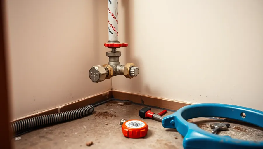 A képen egy épületgépészeti munka látható, amely Öskü városában készült a HydroArt Kft. gázszerelői szolgáltatásának keretében. Az aljzat közelében lévő falnál egy gázcsap és csövek találhatók, mellettük szerszámok, például egy vízmérő és egy csavarhúzó. A munkaterület tisztasága és rendje a professzionális munkavégzést tükrözi.