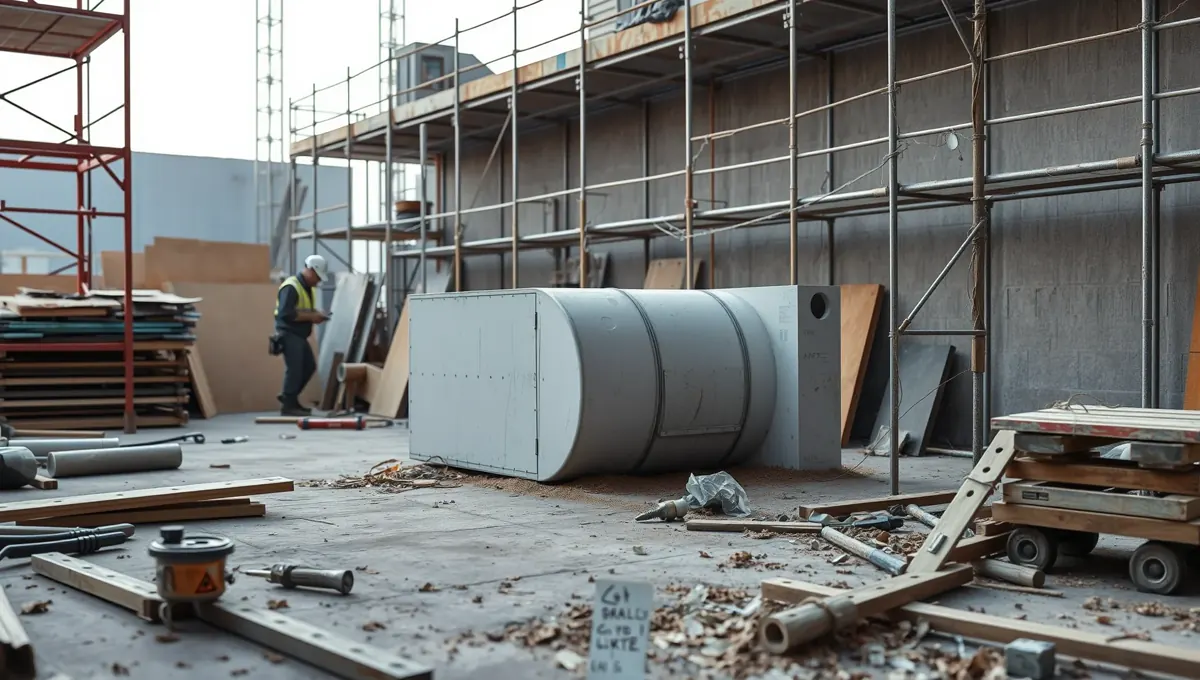 Az Ösküben található HydroArt Kft. épületgépészeti projektje során készült kép, amelyen egy zöld fedelű tartály látható, amelyhez fekete PVC csövek csatlakoznak. A tartály egy ásott gödörben helyezkedik el, a háttérben látható a föld kiemelkedése és a növényzet. Az épületgépészet területén végzett munkák precizitását és szakértelmét tükrözi ez a részlet.