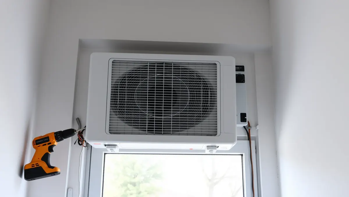 A képen egy modern klímaberendezés látható, amely az épületgépészet területén készült és telepített az Öskü városában működő HydroArt Kft. szakemberei által. A klíma falra szerelve látható, mellette egy fúró is, amely a telepítéshez szükséges. A világos színű fal és az ablaktalan környezet kiemeli a berendezés modern megjelenését.