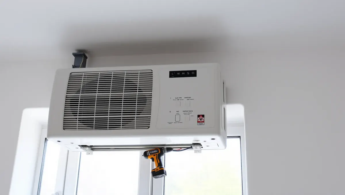 A képen egy modern klíma látható, amelyet a HydroArt Kft. telepített Öskün. A klíma az épületgépészet területén nyújtott szolgáltatás részeként került felszerelésre. A készülék a falon helyezkedik el, mellette egy szerszám található, amely a telepítéshez szükséges. A fényviszonyok világosak, a háttérben egy ablak látható.