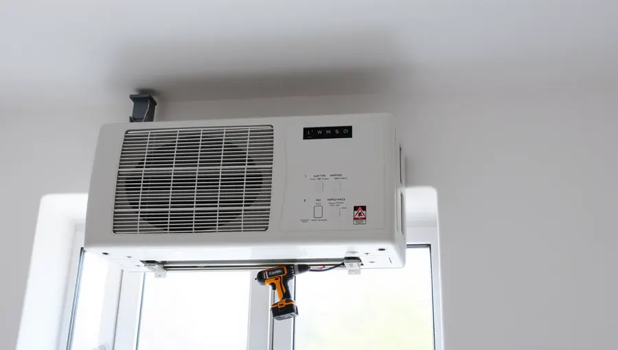 A képen egy modern klíma látható, amelyet a HydroArt Kft. telepített Öskün. A klíma az épületgépészet területén nyújtott szolgáltatás részeként került felszerelésre. A készülék a falon helyezkedik el, mellette egy szerszám található, amely a telepítéshez szükséges. A fényviszonyok világosak, a háttérben egy ablak látható.