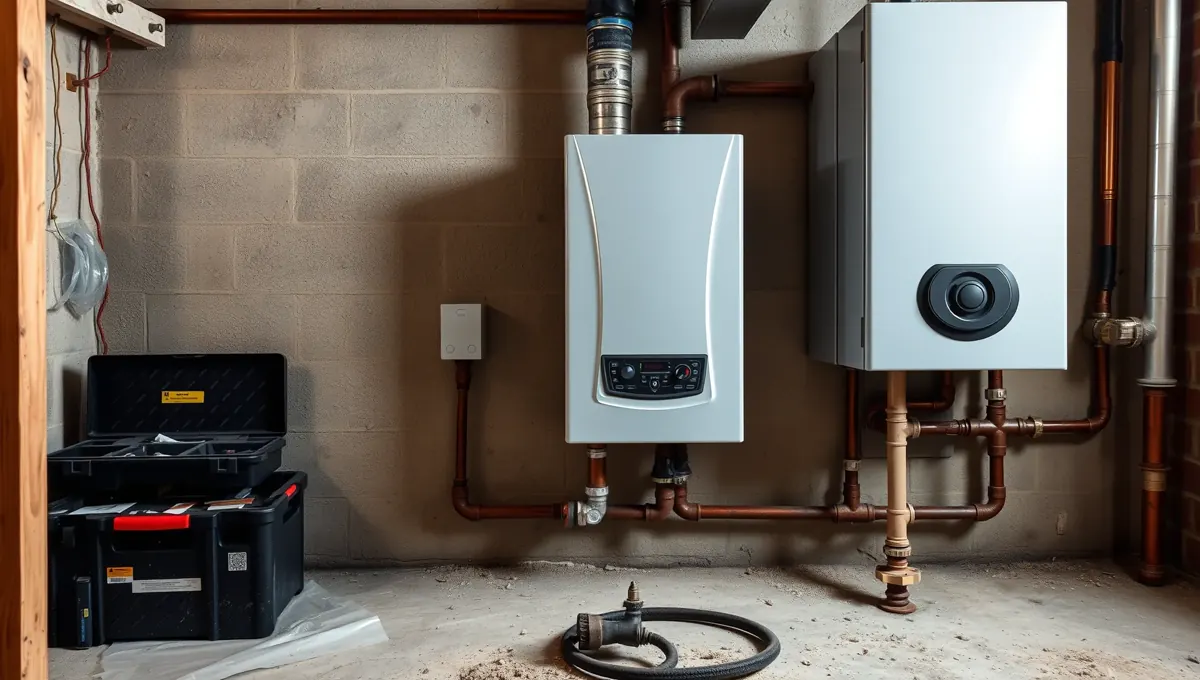 A képen egy modern kondenzációs kazán látható, amely az Öskü városában működő HydroArt Kft. épületgépészeti szolgáltatásának része. A kazán mellett látható a vízvezeték rendszer és az elektromos csatlakozások, amelyek jól tükrözik a szakmai színvonalat. Az épületgépészeti munkák során használt eszközök is láthatók a padlón, ami a precíz telepítést jelzi.