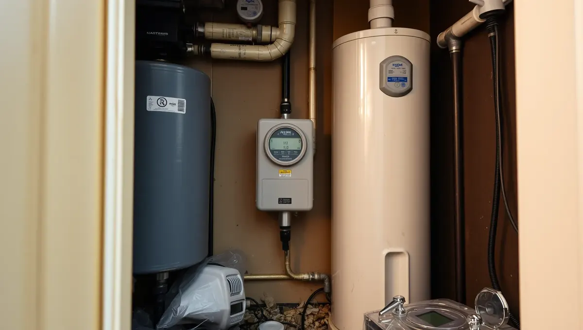 A képen a HydroArt Kft. vízlágyító rendszerének telepítése látható, amely az épületgépészet területén kiemelkedő szolgáltatást nyújt Öskü városában. Az eszközök között egy vízlágyító berendezés és egy vízmérő található, amelyek az optimális vízminőség biztosítására szolgálnak. A rendszer precíz elhelyezése és a szakszerű telepítés a cég szakmai tudását tükrözi.