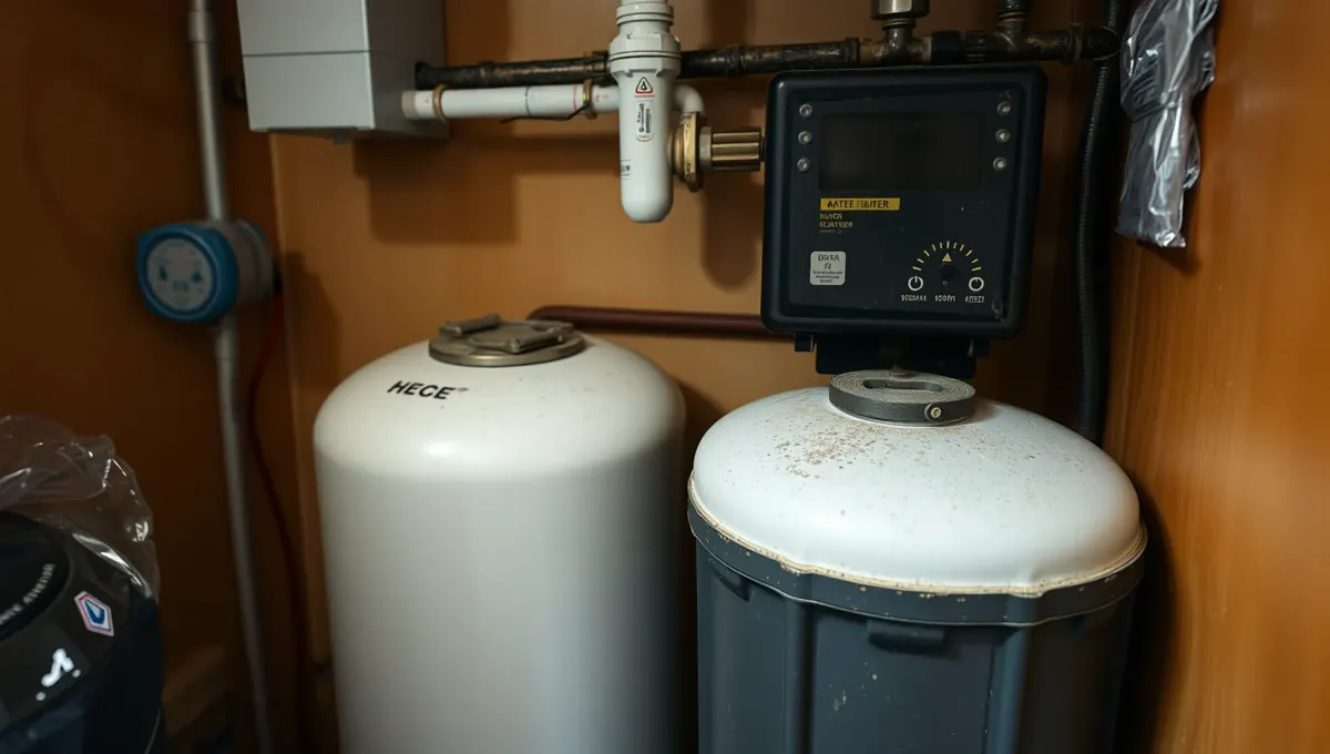 A képen a HydroArt Kft. vízlágyító berendezése látható, amely az épületgépészet területén működik Öskün. Két különböző tartály található, az egyik a vízlágyító, a másik pedig a vízkezelő rendszer része. A berendezés precíziós mérőórával van felszerelve, amely segíti a vízminőség nyomon követését. A háttérben látható csövek és elektromos eszközök az épületgépészeti megoldások minőségét jelzik.