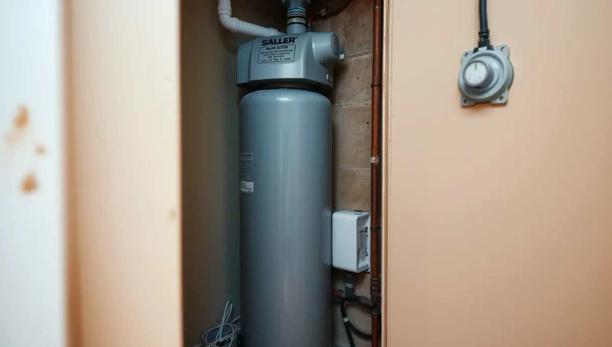 A képen egy vízlágyító berendezés látható, amely a HydroArt Kft. épületgépészeti szolgáltatásainak része. A szürke színű vízlágyító a fal mellett helyezkedik el, körülötte az épületgépészethez kapcsolódó csövek és elektromos csatlakozások találhatók. Az Ösküben végzett telepítés jól láthatóan szakszerűen van kivitelezve, biztosítva a hatékony vízkezelést.