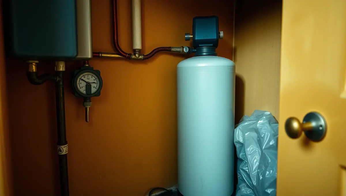 A képen egy vízlágyító berendezés látható, amely a HydroArt Kft. épületgépészeti szolgáltatásainak része. Az eszköz a vízminőség javítására szolgál, és Öskü területén kerül telepítésre. A berendezés mellett nyomásmérő található, amely segít a rendszer működésének ellenőrzésében. A háttérben látható csövek és a szekrény ajtaja is a telepítési környezet részét képezik.