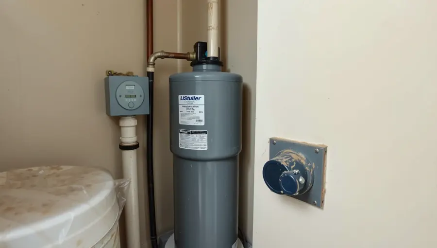 A képen egy vízlágyító berendezés látható, amely a HydroArt Kft. épületgépészeti szolgáltatásának része. A készülék a fal mellett helyezkedik el, mellette egy vezérlőpanel is található. Az Öskü városában végzett telepítés a vízminőség javítását szolgálja, biztosítva ezzel a lakás kényelmét és hatékonyságát.