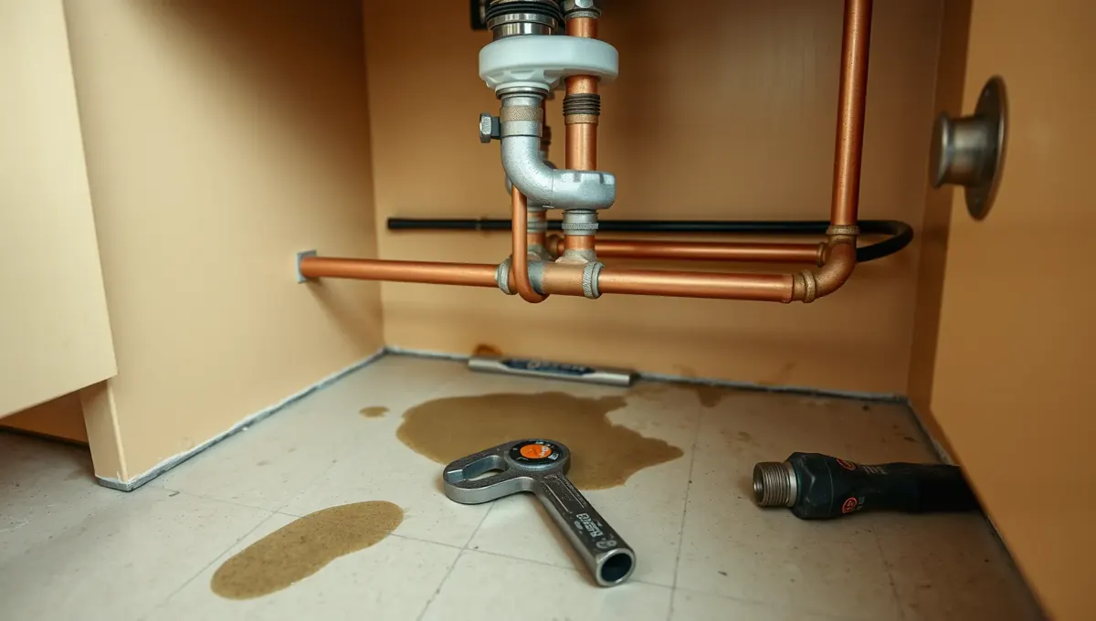 Az Ösküben található HydroArt Kft. Épületgépészet területén végzett vízvezeték szerelésének részlete látható a képen. A szivárgó víz a padlón, a rézcsövek és a szerelési eszközök mellett mutatja a munkafolyamatot. Az aljzatban elhelyezett csövek és a szerszámok jól illusztrálják a vízvezeték-szerelési tevékenységet, amely a cég szakértelmét tükrözi.