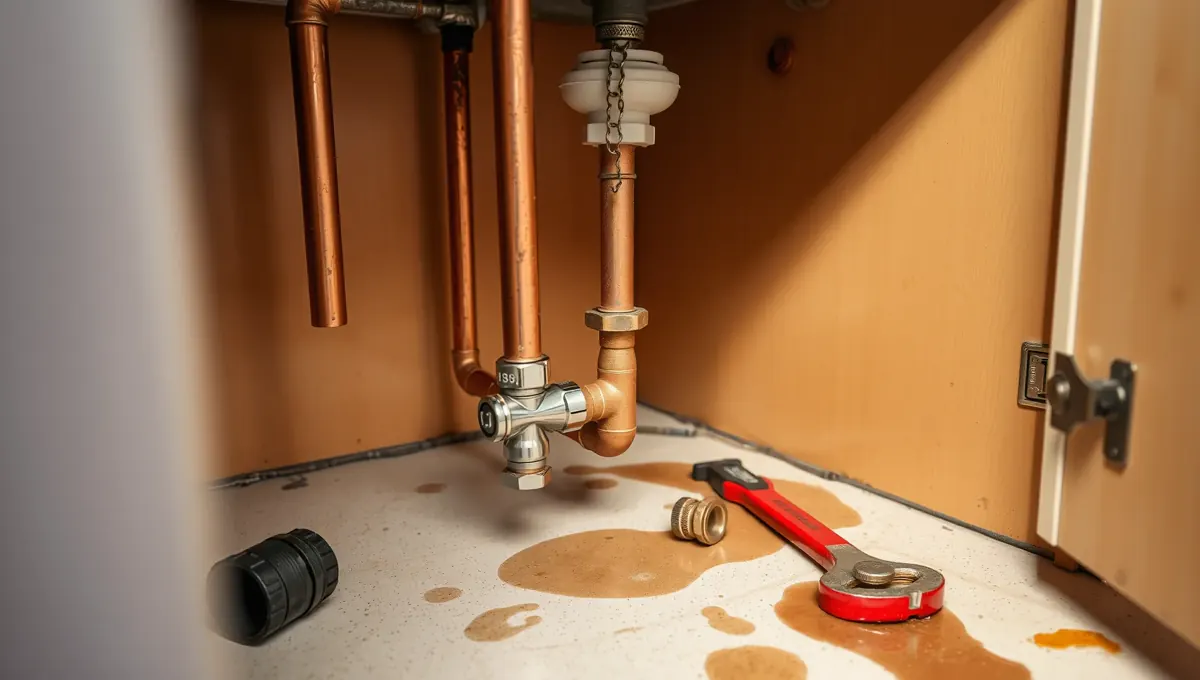 Az Ösküben található HydroArt Kft. épületgépészeti szolgáltatásai közé tartozik a vízvezeték szerelés. A képen látható egy csővezeték, amelyből víz szivárog, valamint egy piros csőkulcs, amely a szerelési munkálatokhoz szükséges. Az aljzat vízzel borított, ami a szakszerű javítás szükségességére utal.