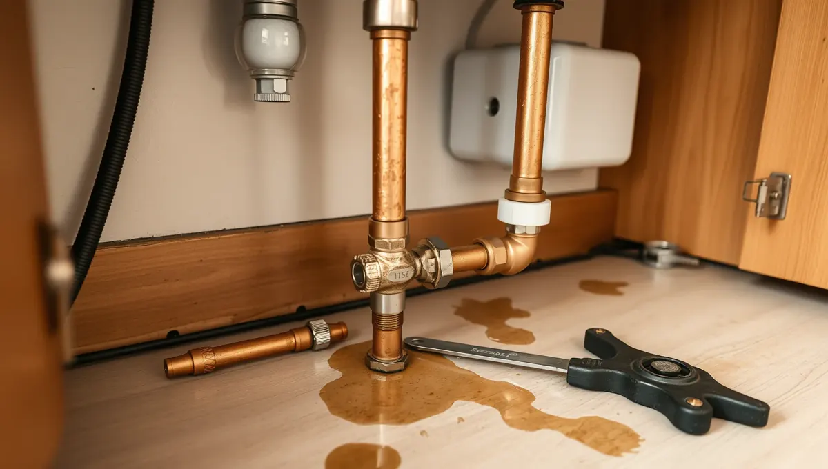Az Ösküben található HydroArt Kft. Épületgépészet ágazatában elérhető vízvezeték szerelés során készült fotón látható, hogy vízcsövek és szerelvények találhatók a konyhai mosogató alatt. Az aranyszínű rézcsövek között szivárgó víz figyelhető meg, amely a padlóra is lefolyik. A képen eszközök és csatlakozók is láthatók, amelyek a vízvezeték javításához szükségesek.
