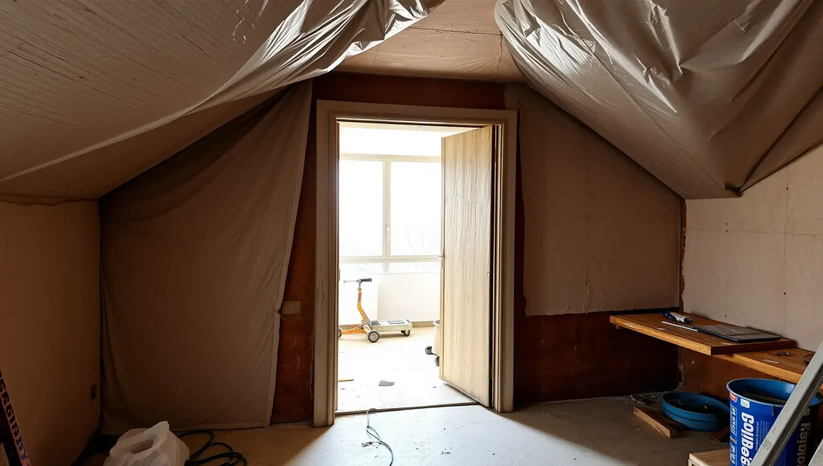 A kép egy felújított belső teret ábrázol, ahol a falakat még burkolják, és a padló részben üres. Az ajtó nyitva van, mögötte világos nappali látható, amelyen egy állványos fényszóró áll. A helyiségben különböző épületgépészeti eszközök találhatók, ami a HydroArt Kft. szakértelmét tükrözi Pétfürdő városában az épületgépészet területén.
