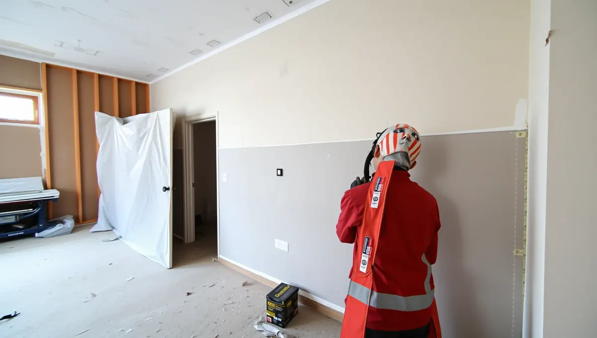 Egy épületgépészeti munkálatokat végző szakember látható Balatonfűzfőn, aki éppen a falat készíti elő. A háttérben látható a frissen festett fal és a takaró fólia, amely védi a szobát a munkálatok során. A szakember piros védőruhát visel, és figyelmesen dolgozik. Az épületgépészet területén végzett munka hangsúlyozza a HydroArt Kft. szakmai színvonalát.
