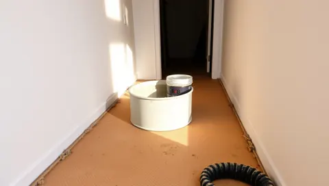 A képen egy világos falú folyosó látható, amelyen egy fehér vödör és egy fekete cső található a padlón. A vödör mellett egy festékesdoboz is észlelhető, ami az épületgépészeti munkálatok során használt eszközökre utal. A kép Öskü városában készült, és a HydroArt Kft. Épületgépészet szolgáltatásait tükrözi.