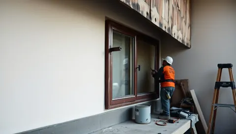 Épületgépészeti munkálatok zajlanak Öskün, ahol a HydroArt Kft. szakembere éppen egy ablakot szerel. A munkás narancssárga munkaruhát visel, és sisakban dolgozik, miközben a falon lévő ablakkeretet állítja be. A háttérben látható a ház szerkezete, amely alatt különböző szerszámok és anyagok találhatók, ami a pontos és precíz épületgépészeti tevékenységet tükrözi.