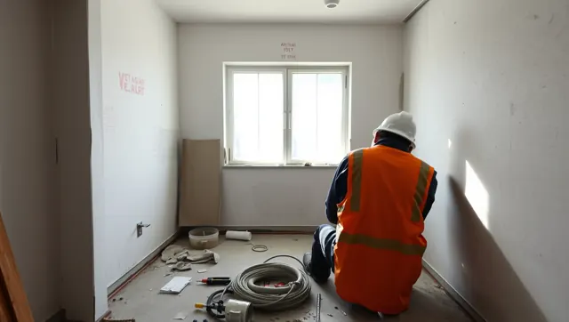 Ösküben, a HydroArt Kft. épületgépészeti munkálatai során egy szakember dolgozik egy üres szobában. A falak még festésre várnak, a padlón szerszámok és anyagok találhatók. A munkás narancssárga fényvisszaverő mellényt visel, és a szoba ablakánál ülve készül a következő lépésre az építkezés során.