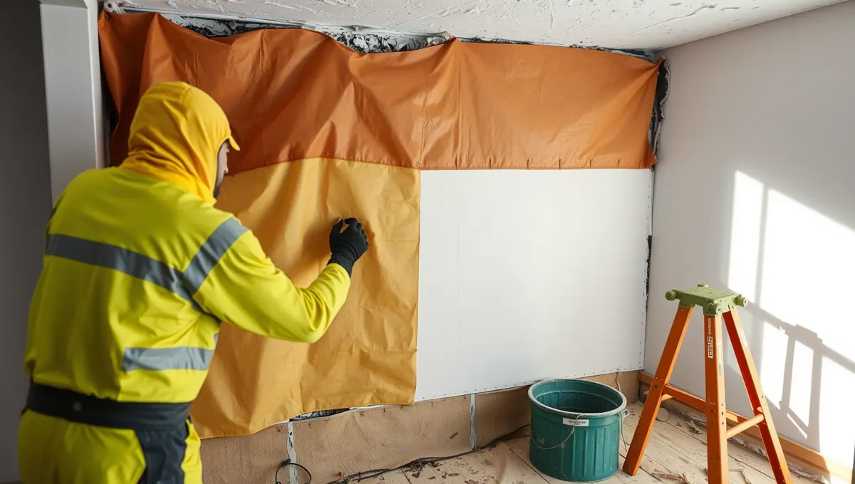 Az Ajkán található HydroArt Kft. épületgépészeti munkálatai során egy szakember sárga védőruhában, kesztyűben, egy fehér falat készít elő a festéshez. A fal védelmét narancssárga takaróanyag fedi, míg az alján egy zöld vödör és egy létra található. A kép a precíziós munkát és a szakmai felkészültséget hangsúlyozza az épületgépészet területén.