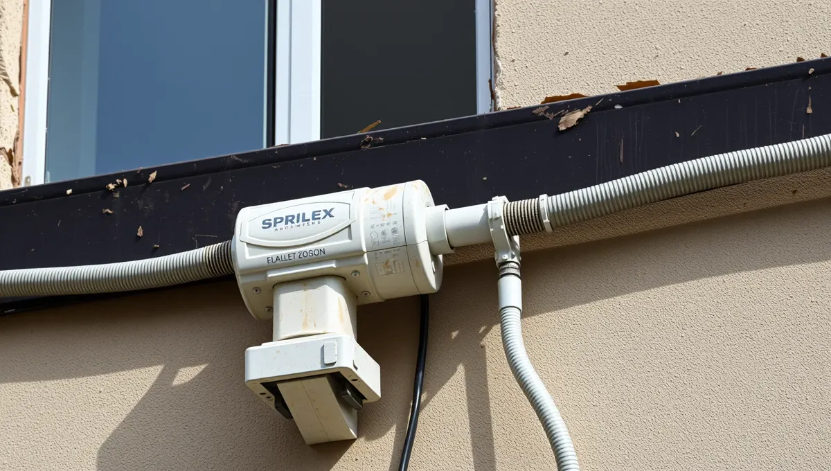 A képen egy épületgépészeti berendezés látható, amely a HydroArt Kft. által telepített SPRILEX márkájú motor. A készülék a falra van szerelve, és csövek vezetik el a működtető elemeket. A háttérben egy nyitott ablak és a fal textúrája is látszik, ami Balatonalmádi város épületgépészeti megoldásait tükrözi.